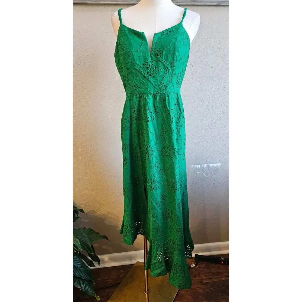 Guess Cotton Eyelet Asymmetric Midi Dress Women Size‎ 8 Green Contemporary Party